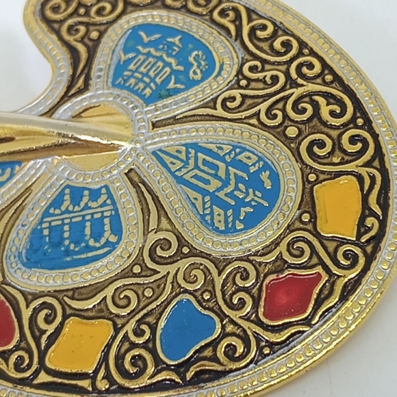 * Vintage Made In Spain Damascene Artist Palette Painting Pin Brooch - Picture 3 of 6